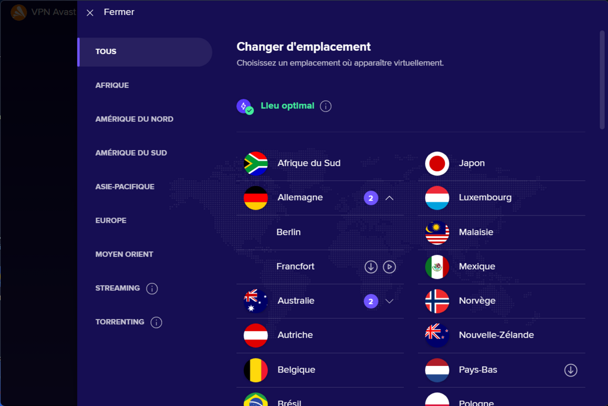 Avast SecureLine VPN - Les serveurs
