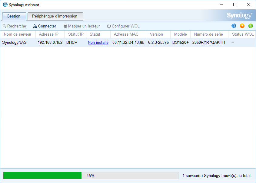 Rien d'exceptionnel, mais Synology Assistant identifie rapidement les NAS sur le réseau © Nerces