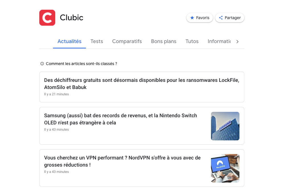 Clubic favoris dans Google Actualités