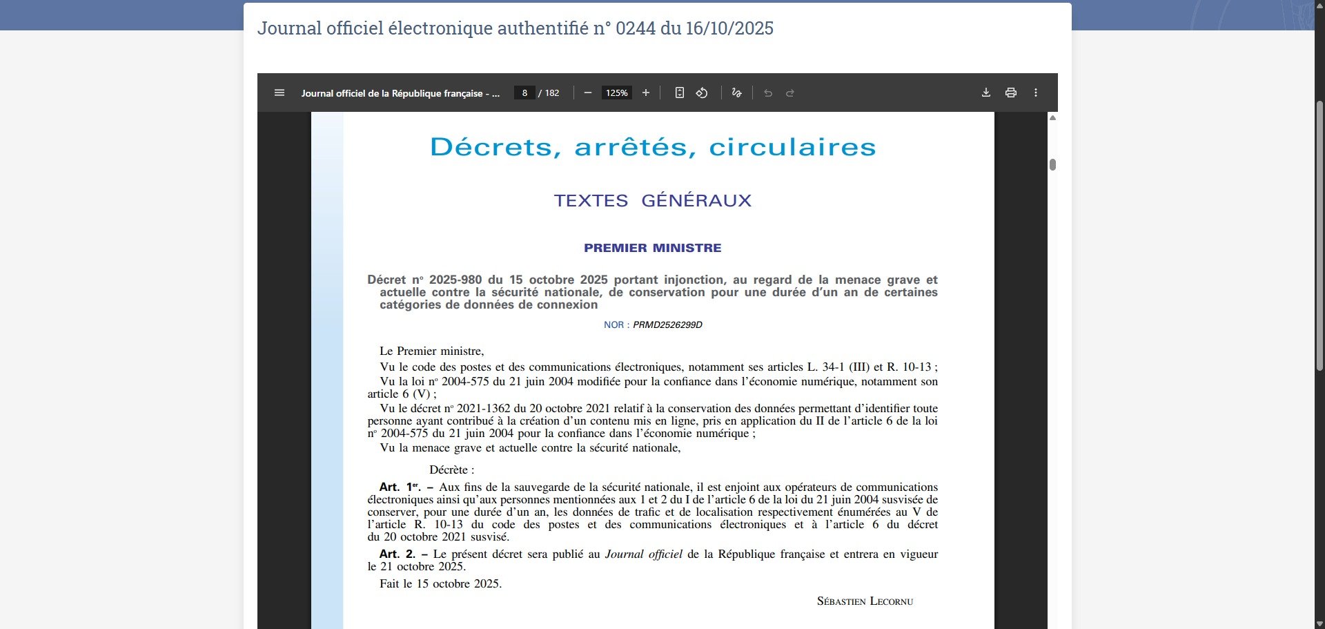 Le décret du 15 octobre 2025, signé par Sébastien Lecornu © Capture d'écran Clubic