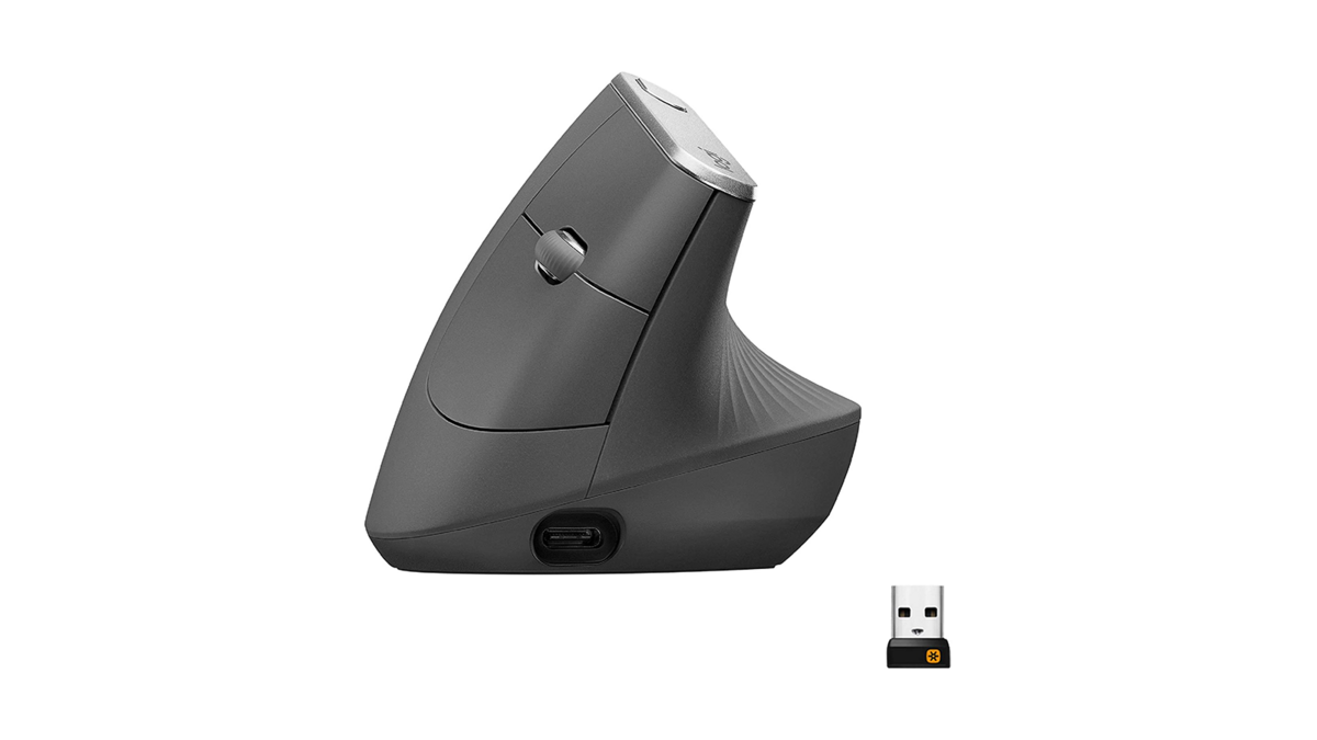 La souris ergonomique Logitech MX Vertical avec son récepteur USB Unifying
