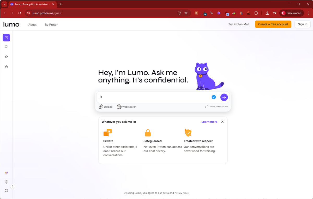 Accessible sans compte, la version web de Lumo permet de tester un chatbot IA simple, efficace et sécurisé. Pas de pistage, pas d’historique exploité, et une vraie confidentialité dans l’écosystème Proton - © Lumo | Proton