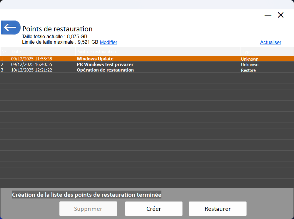 PrivaZer - La sélection du point de restauration. © Clubic