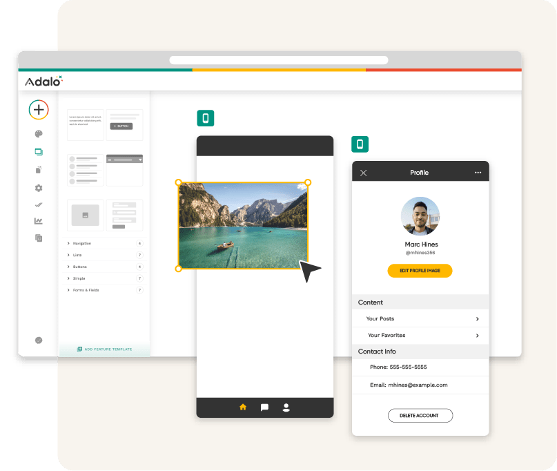 Illustration montrant le potentiel d’Adalo pour concevoir une application mobile complète, avec des écrans dynamiques, des composants personnalisés et un rendu visuel fluide. - © Adalo
