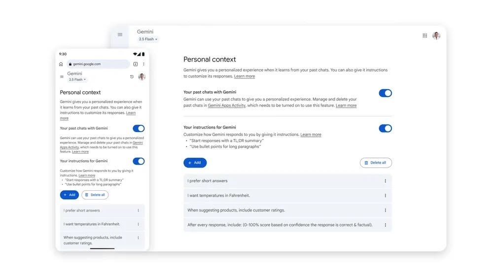 Le menu des préférences sur la mémoire de Gemini se met à jour pour l'occasion. © Google
