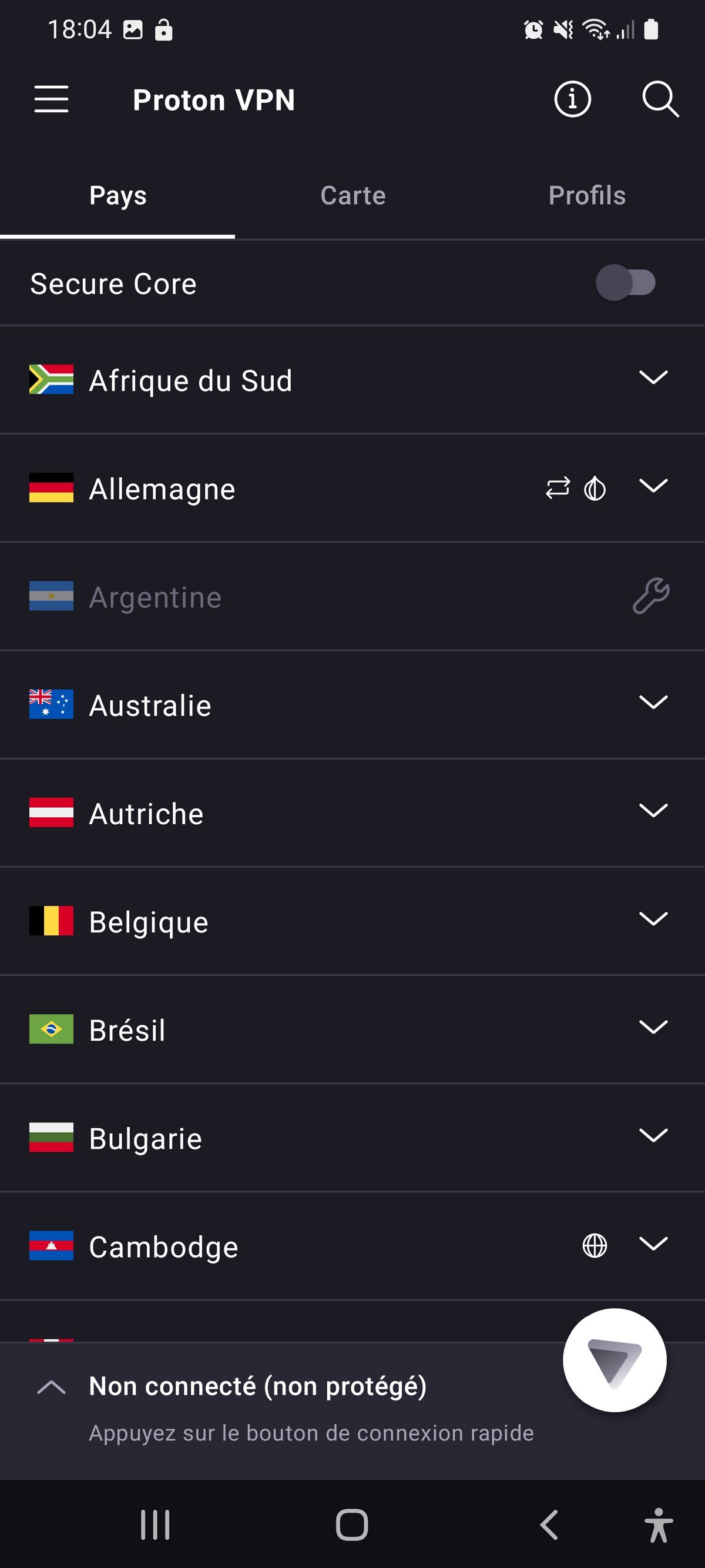 Proton VPN - La liste des pays sur Android