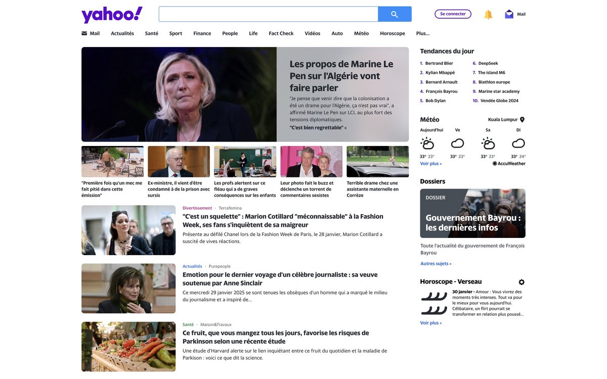 La page d'accueil de Yahoo ce jeudi 30 janvier 2025. © Clubic