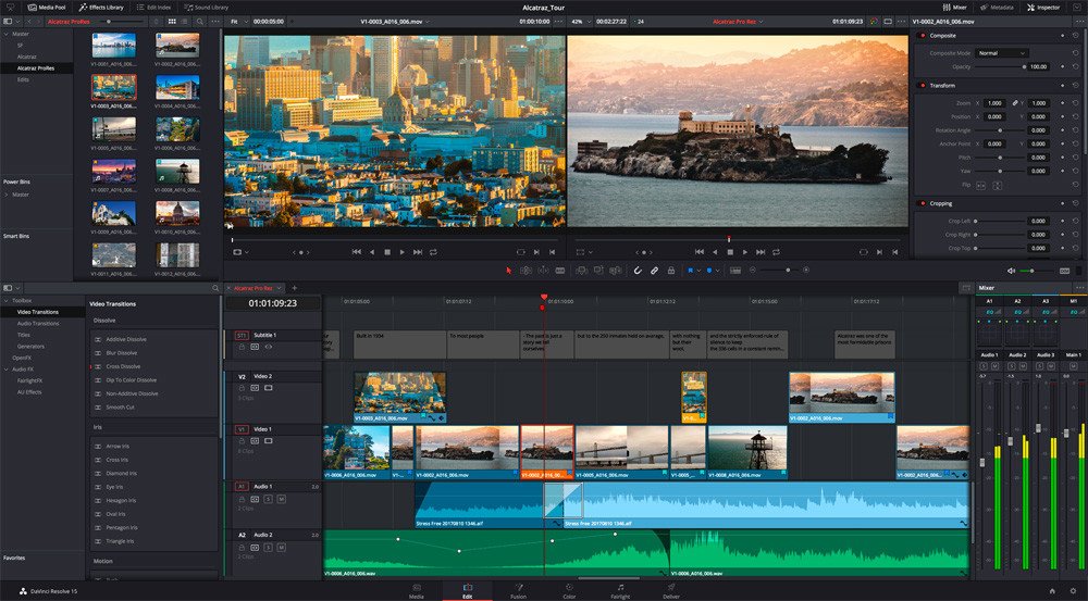 Montage multi-pistes dans DaVinci Resolve, avec gestion simultanée de l’audio et de la vidéo sur la timeline. - © DaVinci Resolve