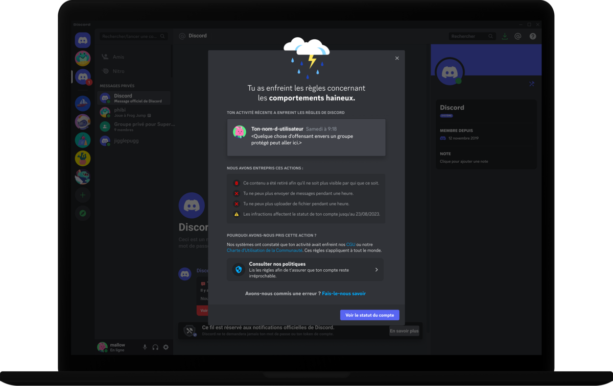 Un message d'alerte qui fait part à un utilisateur d'une violation du règlement © Discord