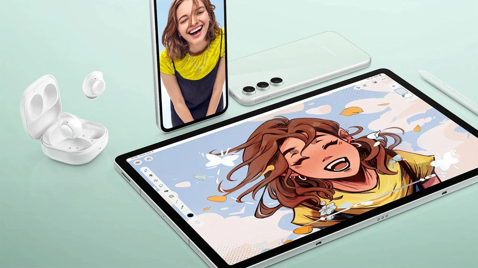 La tablette Samsung Galaxy Tab S9 FE avec le S23 FE et les Buds FE