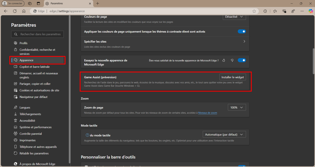 Pour installer Game Assist, il faudra farfouiller dans les paramètres d'Apparence du navigateur © Clubic