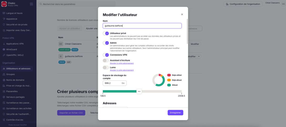 Proton VPN Business Suite - La gestion des comptes permet d'octroyer des droits aux membres de l'équipes, ou de leur en retirer. © Clubic