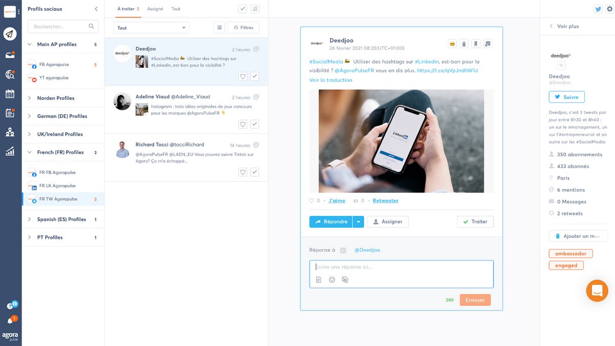 Le calendrier Agorapulse facilite la planification et la collaboration sur les réseaux sociaux grâce à son interface intuitive, ses aperçus par plateforme et son système d’approbation intégré - © Agorapulse