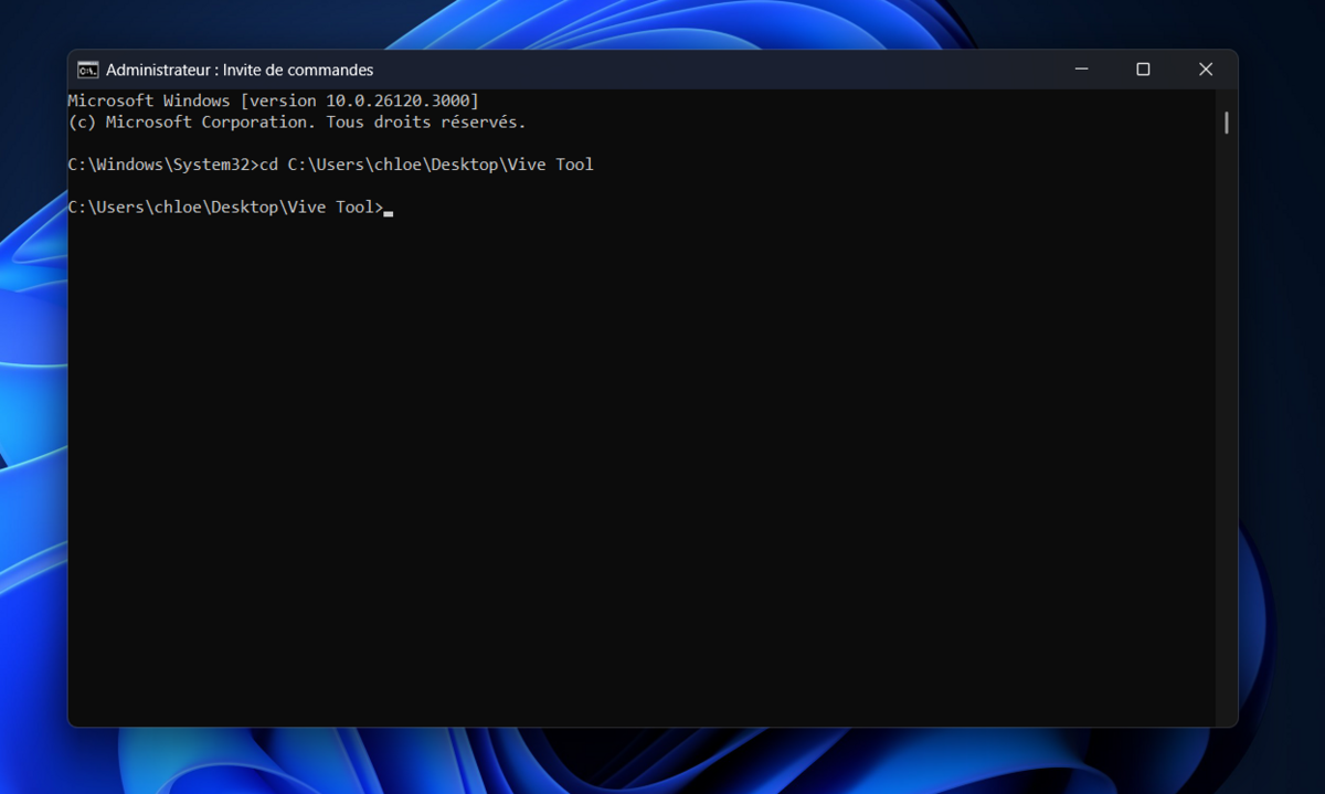 Ouvrez l'invite de commande et accédez au répertoire ViveTool © Clubic