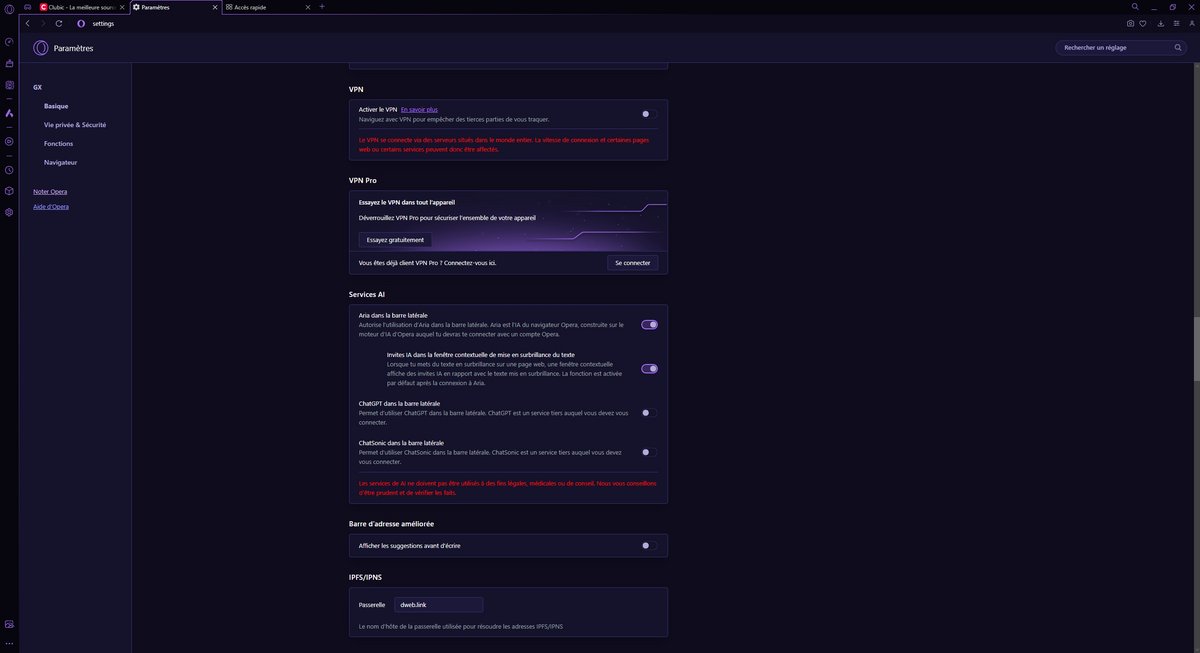 Opera GX - Les options liées au VPN et à l'IA