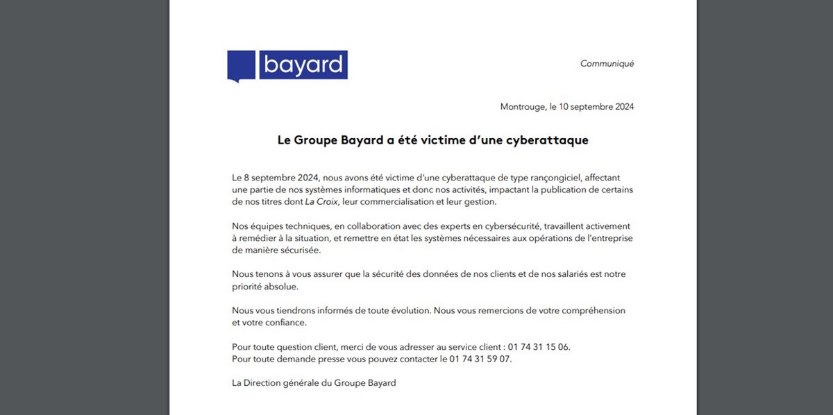 Le communiqué de presse du groupe de presse © Bayard