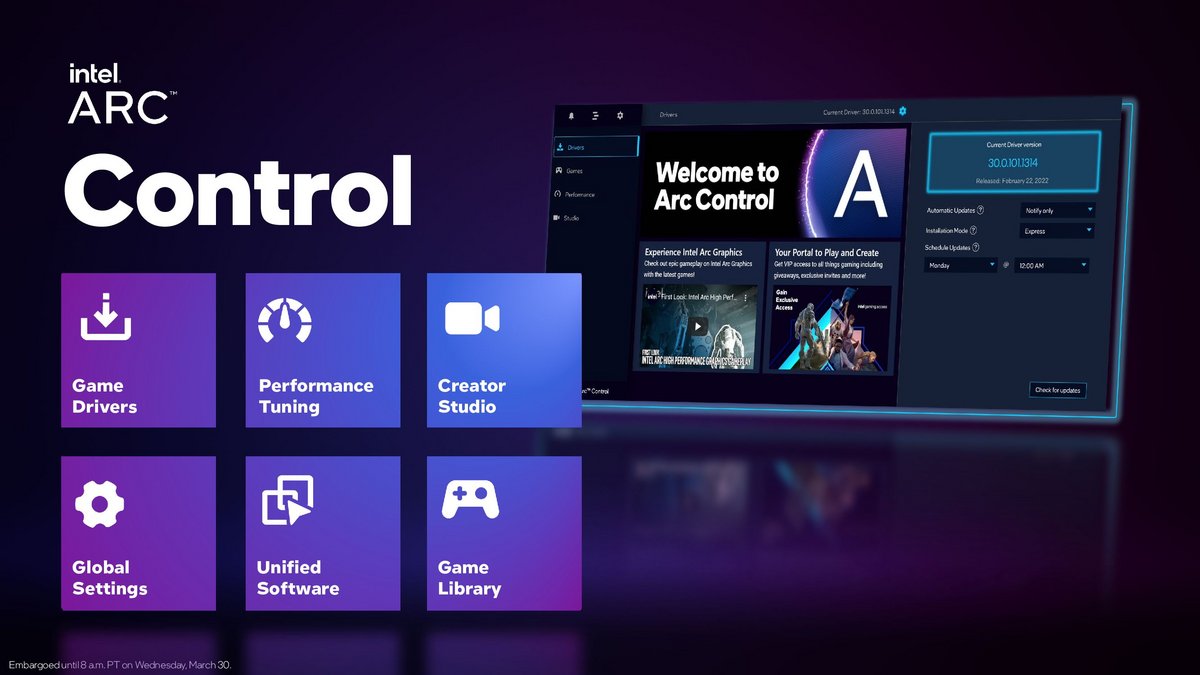 Arc Control est l'interface logicielle prévue pour accompagner Arc Alchemist © Intel