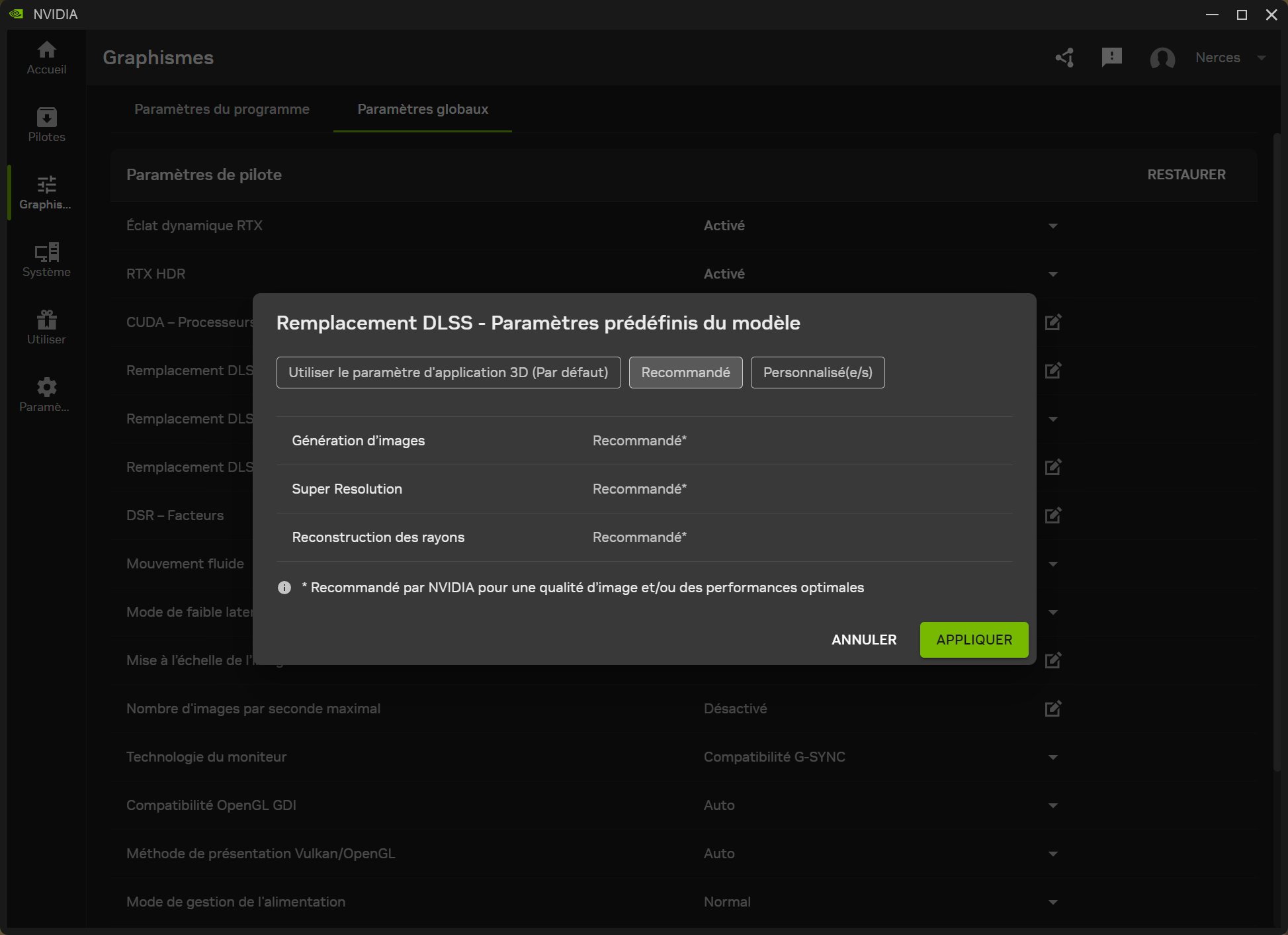 L'option « Reommancé » remplace « Les plus récents » sur NVIDIA App. ©Nerces pour Clubic