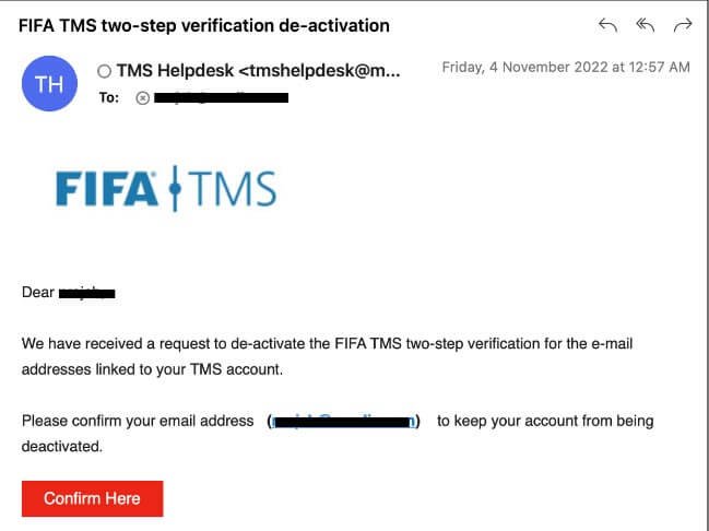 Exemple d'un e-mail de phishing envoyé aux victimes, et de la fausse page de connexion FIFA TMS © Trellix