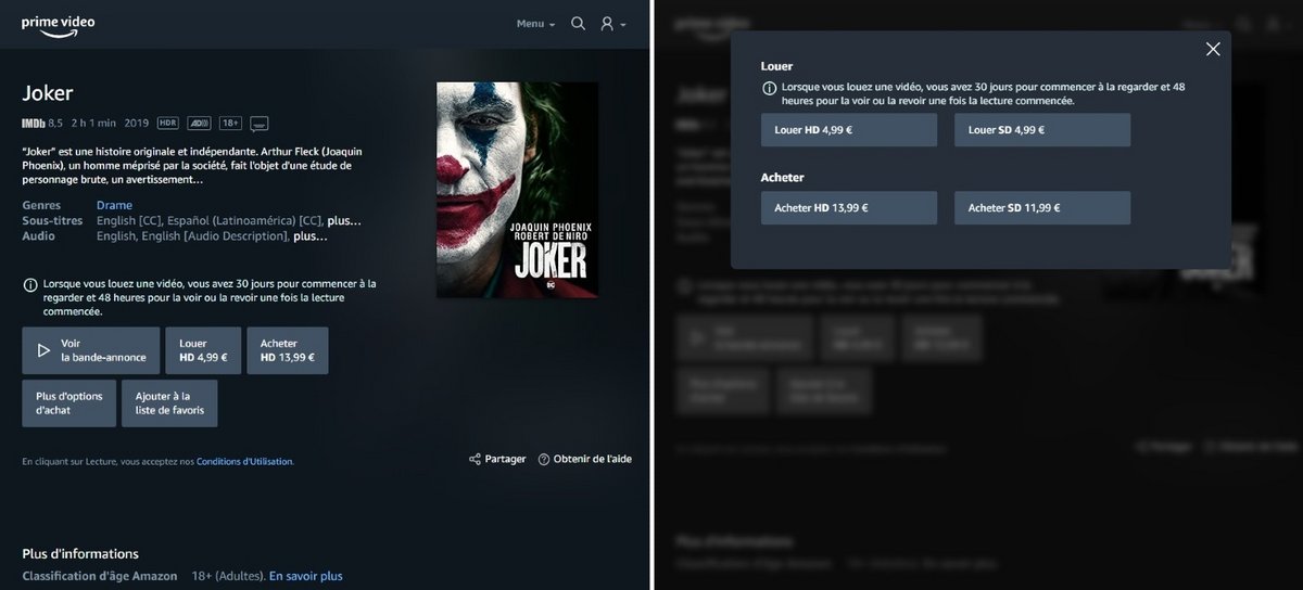 La page du film "Joker" et les différentes options proposées (© Alexandre Boero pour Clubic)