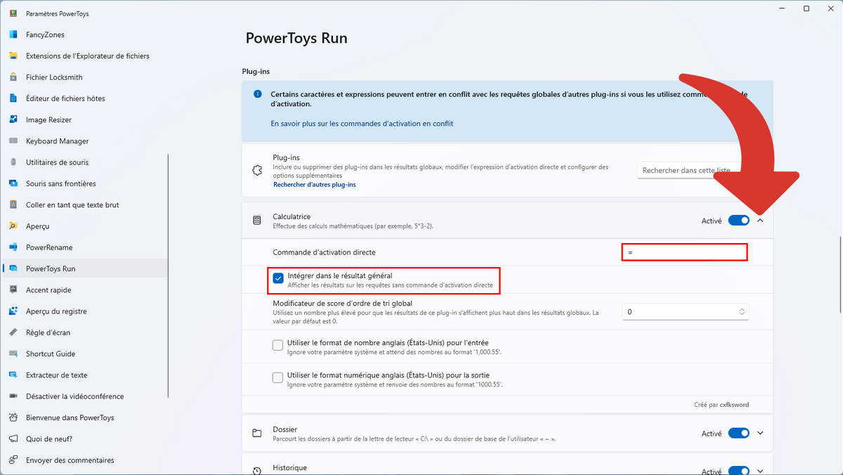 Les options d'un plugins de PowerToys Run © Clubic