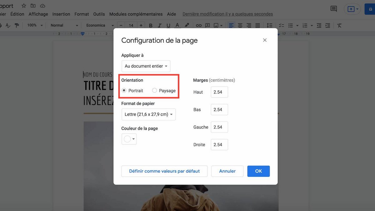 paramètres format Paysage Google Docs