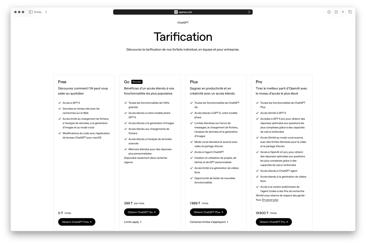 Grille tarifaire de ChatGPT en Inde : l'option Go vient s'intégrer aux offres. © Clubic