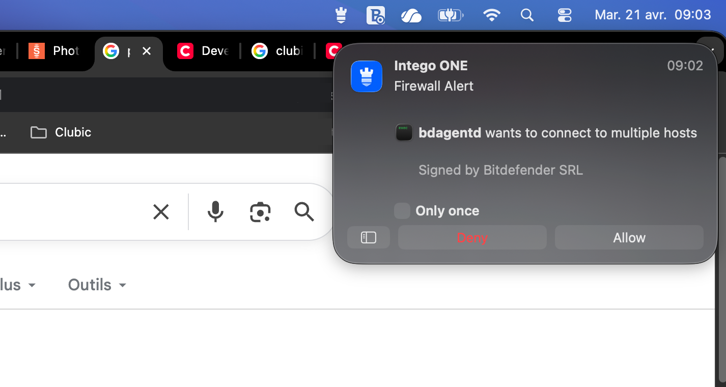 A peine lancé pour la première fois, Intego One multiplie les alertes pare-feu, et gare à vous si vous cliquez sur "Deny" par inadvertance. © Clubic