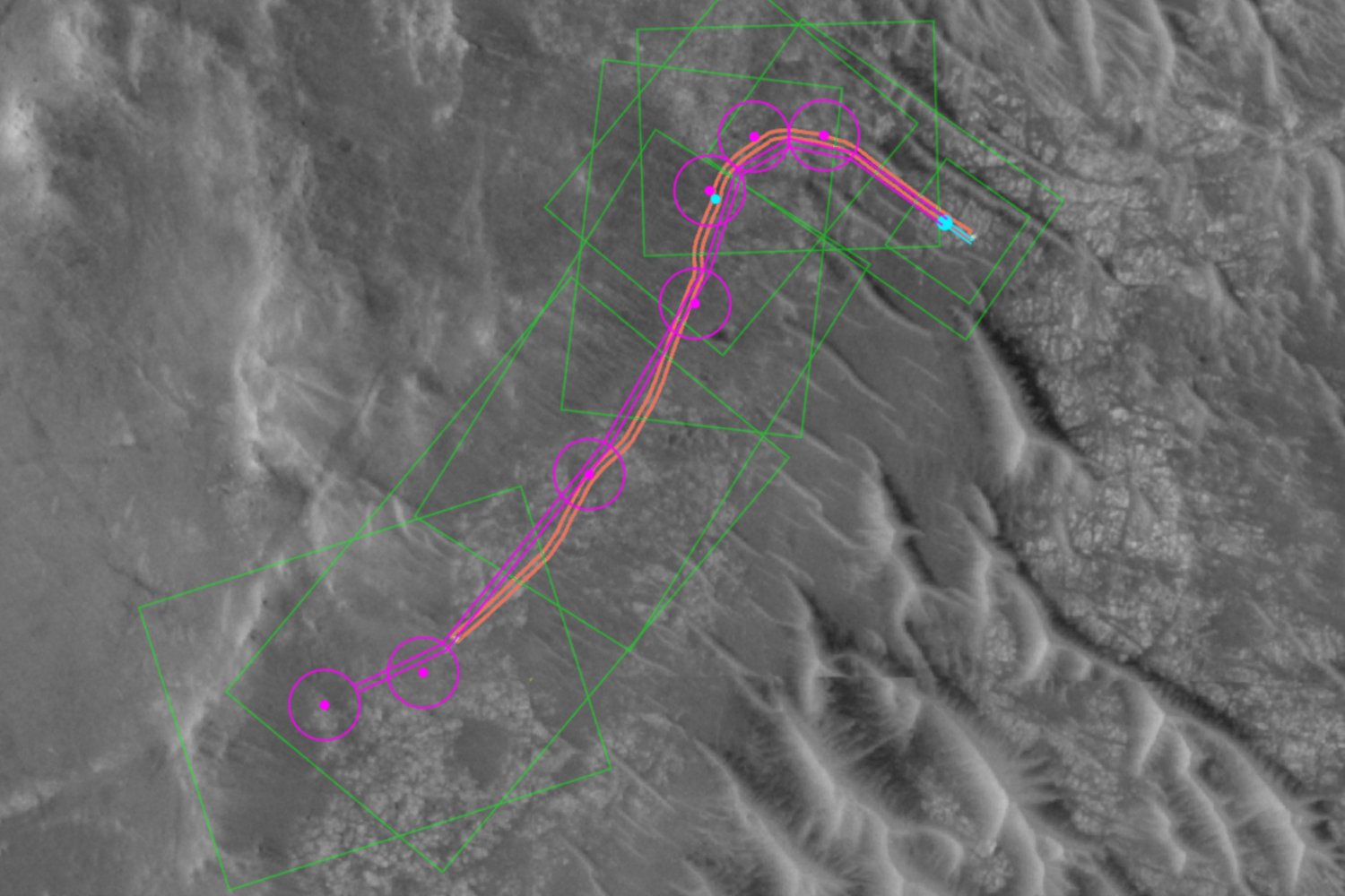 Les itinéraires prévus par l'IA, en magenta, et réels, en orange. ©NASA/JPL-Caltech/UofA