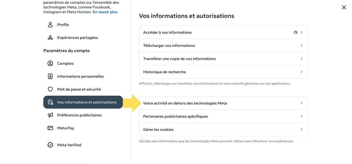 Empêchez les apps de partager votre activité avec Meta © Meta