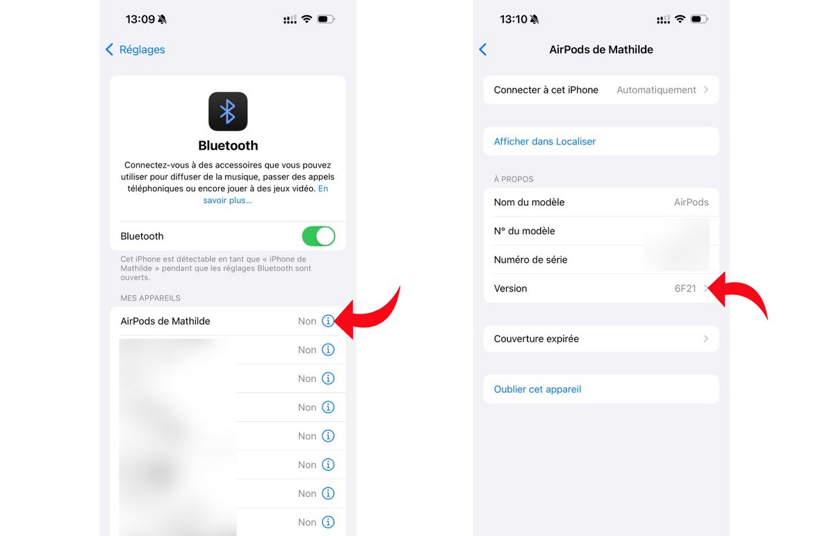 La version du logiciel indiquée pour des AirPods 3. © Mathilde Rochefort pour Clubic