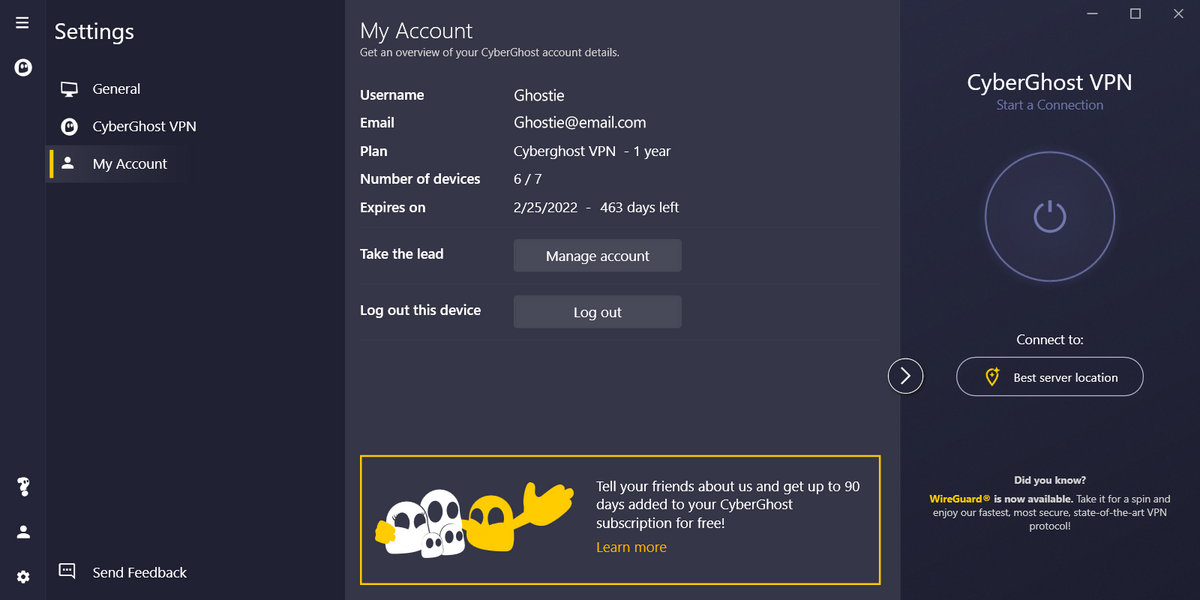 CyberGhost - Les informations de compte