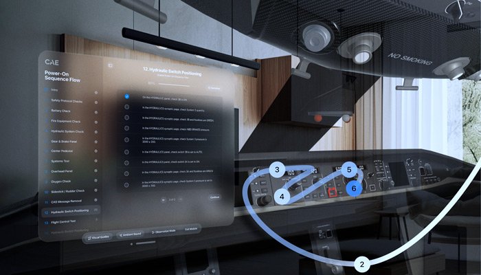 Un aperçu de la vue du cockpit au travers de l'application de CAE sur le Vision Pro. © CAE