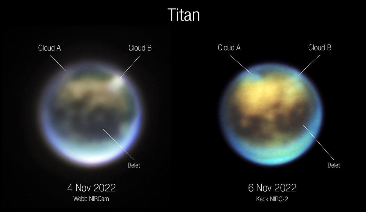 L'image du télescope Keck (à droite) paraît plus résolue, mais il faut faire attention, le traitement des couleurs n'est pas exactement le même que pour le JWST © NASA / ESA / CSA / W. M. Keck Observatory / A. Pagan (STScI). Science : Webb Titan GTO Team