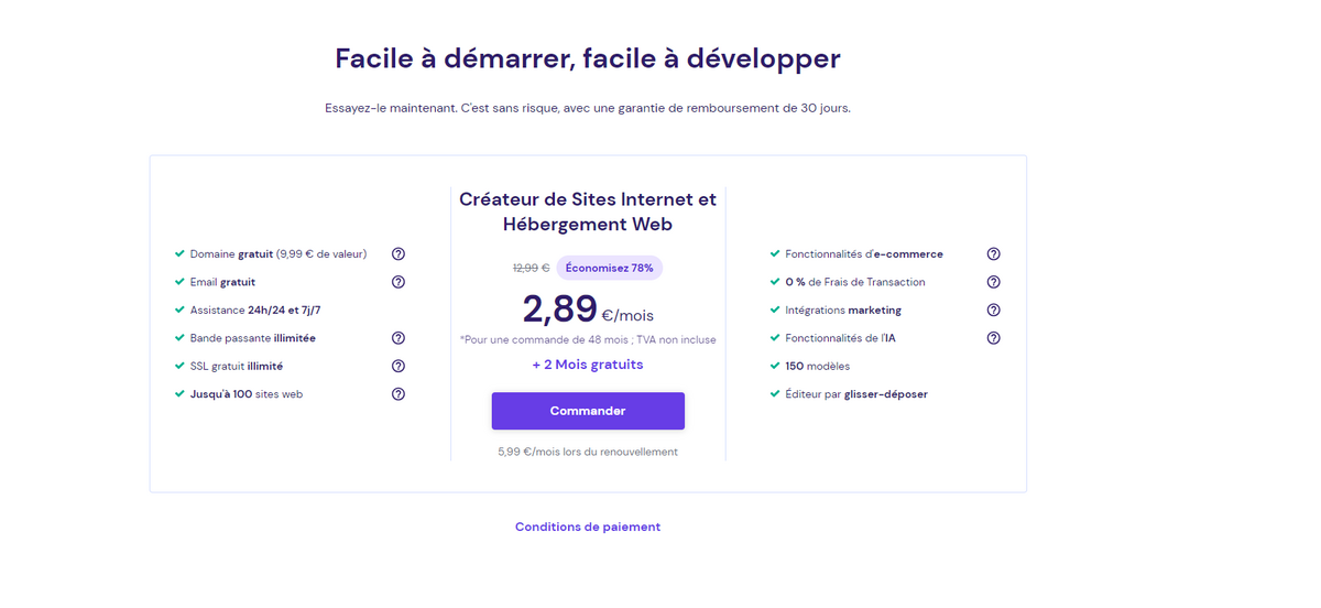 Créateur de sites web Hostinger - Tarif et fonctionnalités de la solution