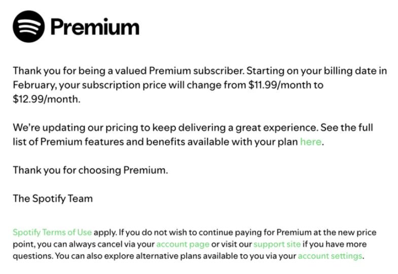 Le mail envoyé par Spotify aux abonnés concernés. ©Spotify