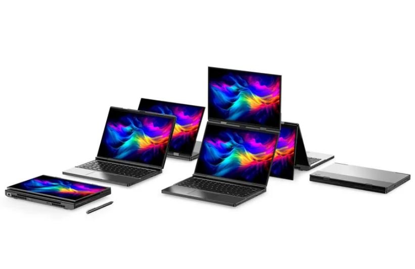 GPD a présenté un étonnant PC portable, doté de deux écrans OLED reliés l'un à l'autre par une charnière © GPD