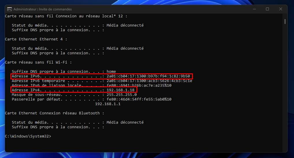 Windows 11 - Adresses IPv4 & IPv6