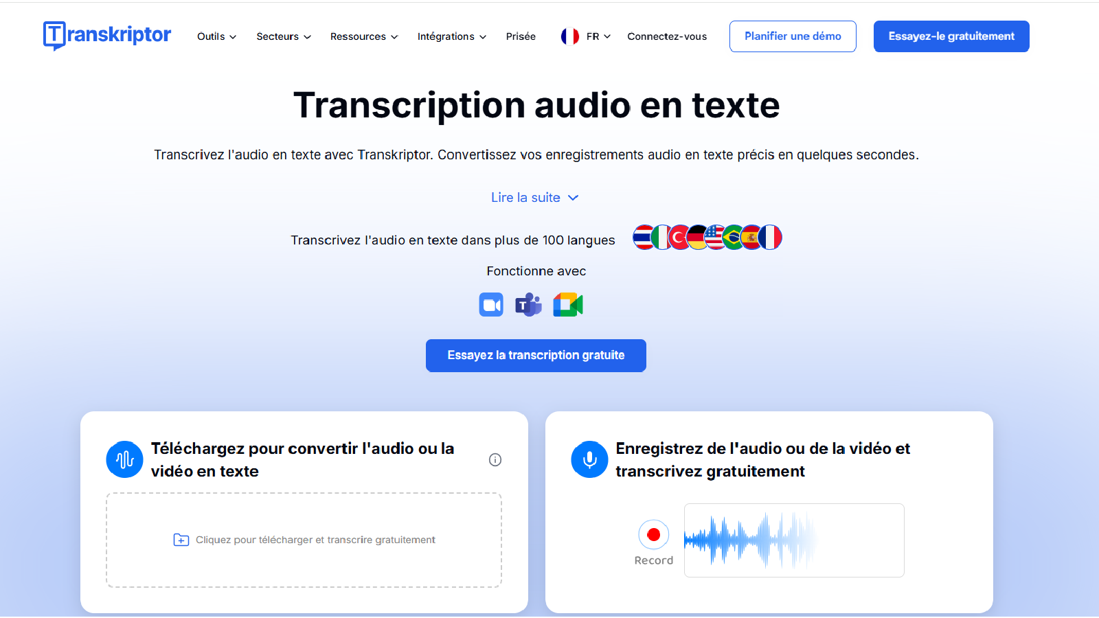 Transkriptor transforme vos audios et vidéos en texte, génère des notes et résumés, et facilite le suivi de vos réunions. © Transkriptor