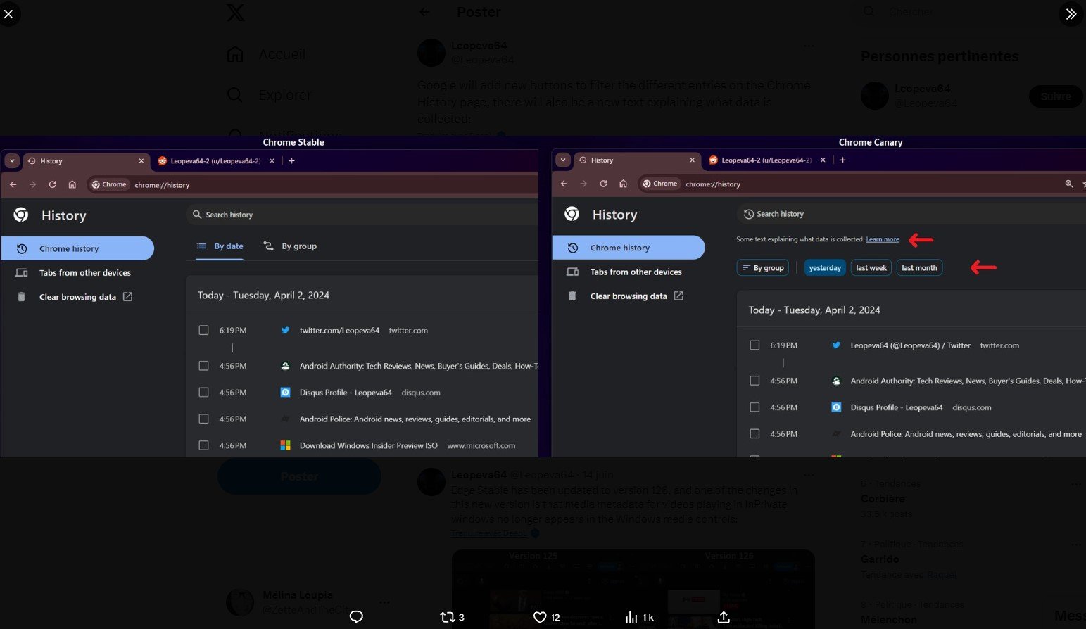 La  fonction "Recherche historique propulsée par l'IA" bientôt disponible dans Google Chrome - Capture d'écran © Leopeva64 sur X.com