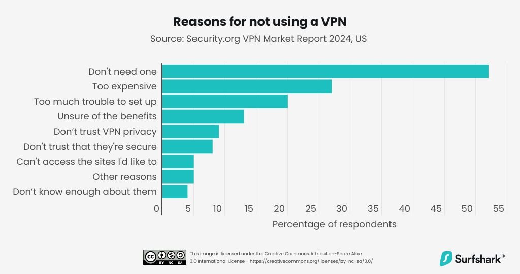 Dans plus de la majorité des cas, les internautes se passent de VPN parce qu'ils estiment ne pas en avoir besoin. © Surfshark