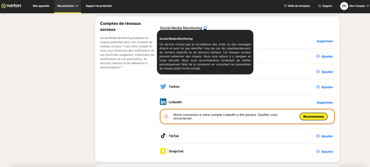 Norton Social Media Monitoring surveille les activités frauduleuses sur vos comptes de réseaux sociaux et peut identifier les situations de cyberharcèlement © Clubic