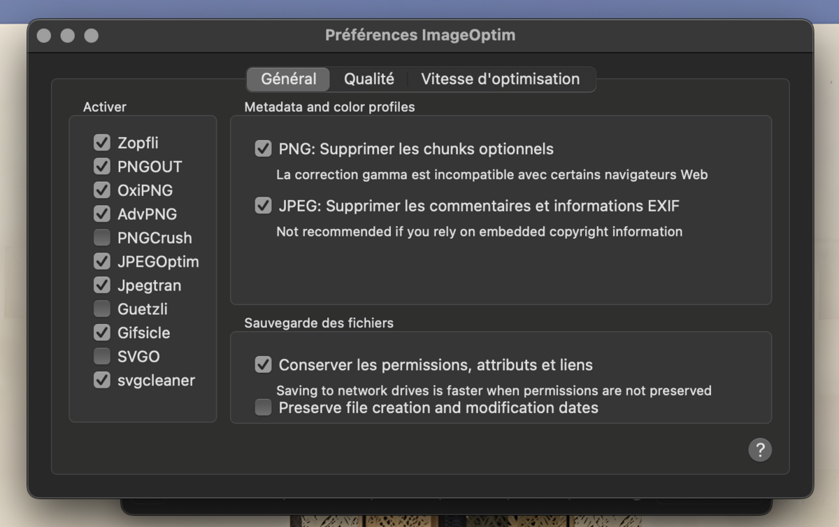 Paramètres généraux d'ImageOptim.