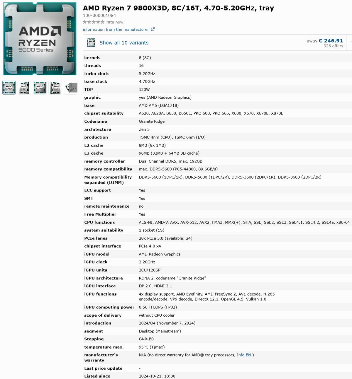 Fiche détaillée de l'AMD Ryzen 7 9800X3D © VideoCardz