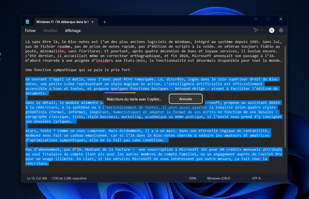 L'assistant d'écriture boosté par l'IA débarque dans le Bloc-notes... aux frais d'un abonnement MS 365 © Clubic