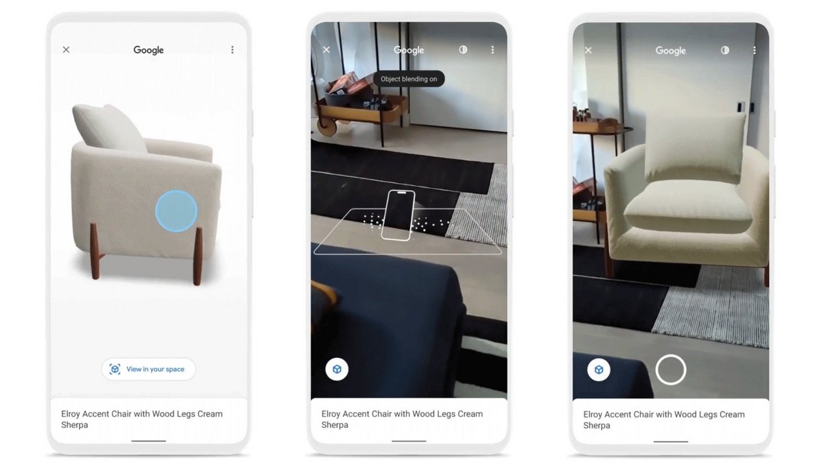 Après avoir tapé la requête "fauteuil d'appoint", le consommateur veut visualiser celui-ci. Il choisit alors l'option "afficher dans votre espace". Une chaise blanche est alors placée virtuellement dans le salon de l'utilisateur. La réalité augmentée fournit une expérience d'achat totalement immersive © Google