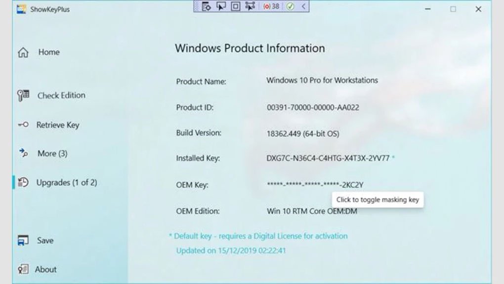 Vue détaillée des informations Windows et clés de licence avec ShowKeyPlus. - © ShowKeyPlus