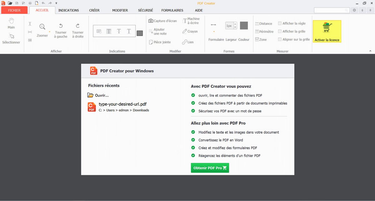 Fenêtre d’accueil de PDF Creator sous Windows, affichant les fichiers récents et les principales fonctionnalités. - © PDF Creator
