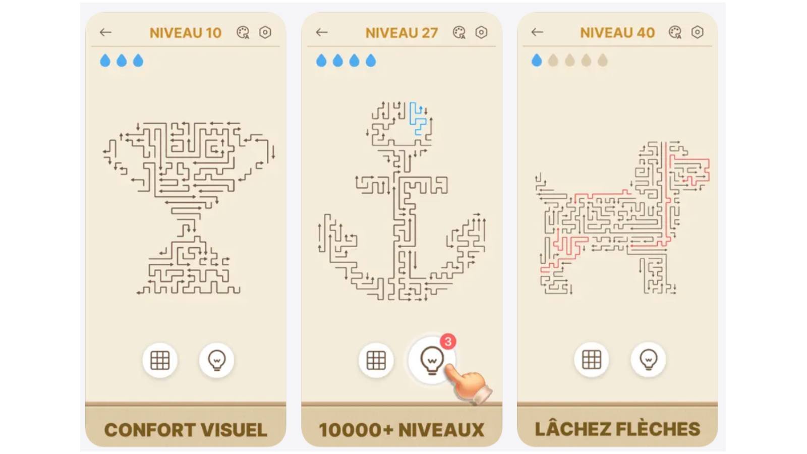 Amaze GO! - Flèche Casse-tête est un jeu de puzzle où vous devez déplacer des flèches dans le bon ordre pour libérer la grille. Jouable hors ligne, il propose des niveaux accessibles, des indices et une aide au guidage. © Oakever Games